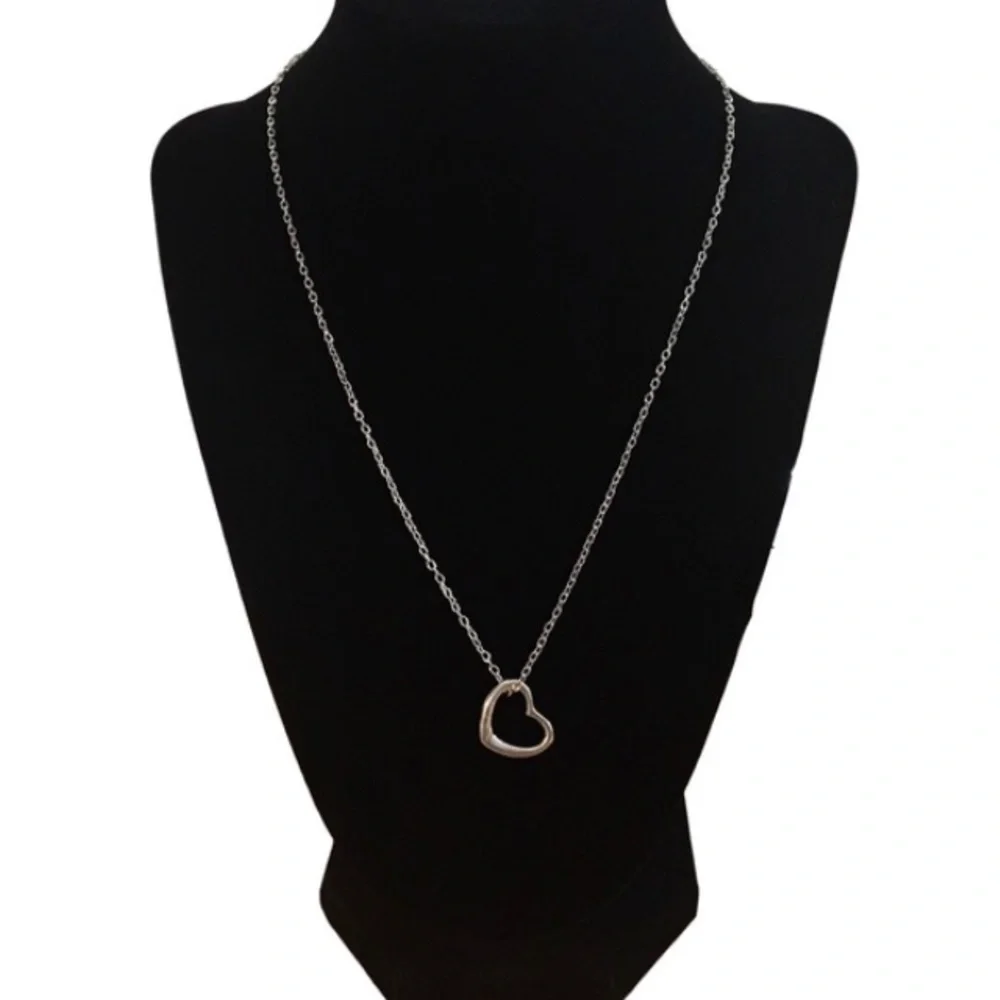 Open Heart Charm Necklace Antiqued Silver Finish - Picture 2 of 4